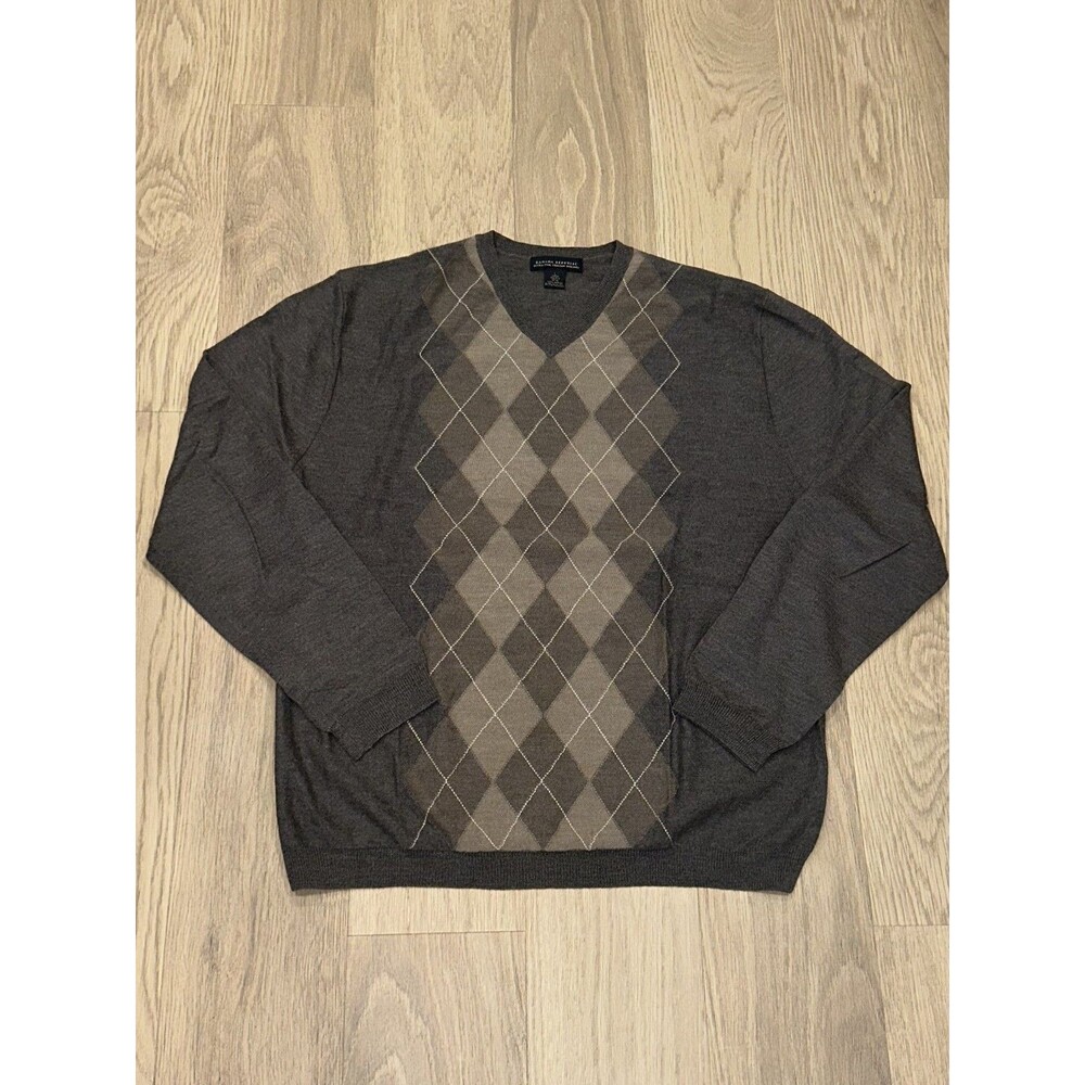 Banana Republic Mens L Italian Merino Wool V Neck Sweater Brown Argyle